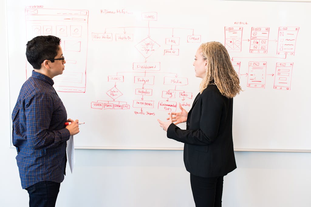 two professionals brainstorming digital marketing ideas on a whiteboard. 1181346 two professionals brainstorming digital marketing ideas on a whiteboard.